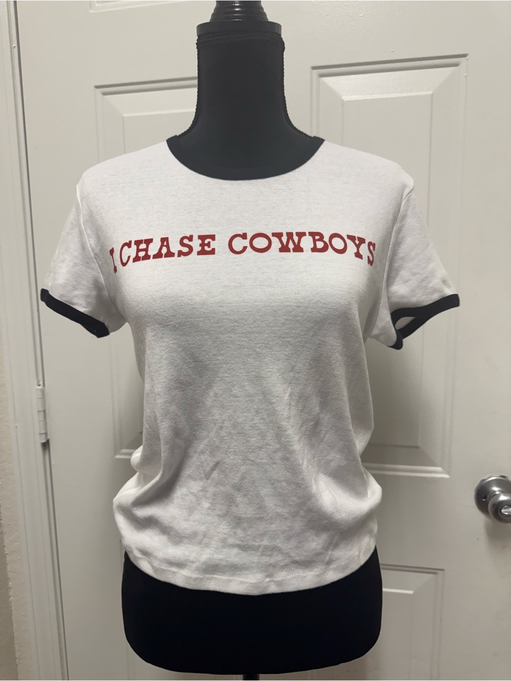 I Chase Cowboys Short Sleeve Ringer Tee - White with Red Print